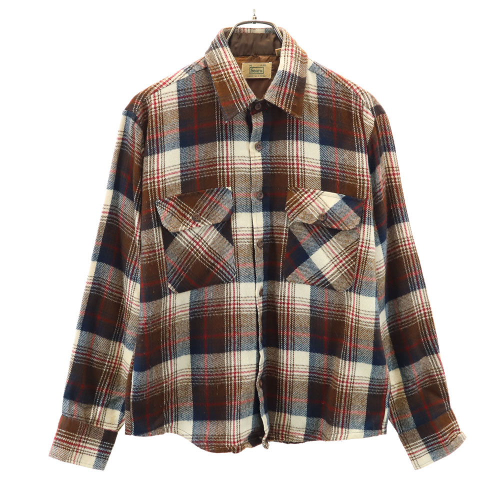 トップス 70s USA Sears open collar shirt check M Sears 70s open collar flannel shirt long sleeve shirt XL