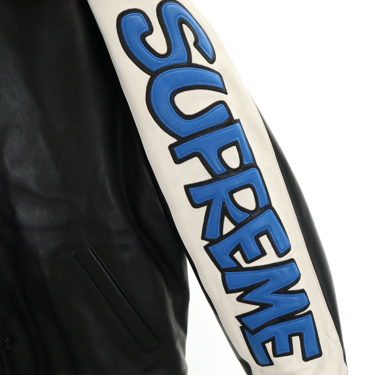 Supreme 20FW Smurfs collaboration Sheepskin Leather Varsity Jacket 