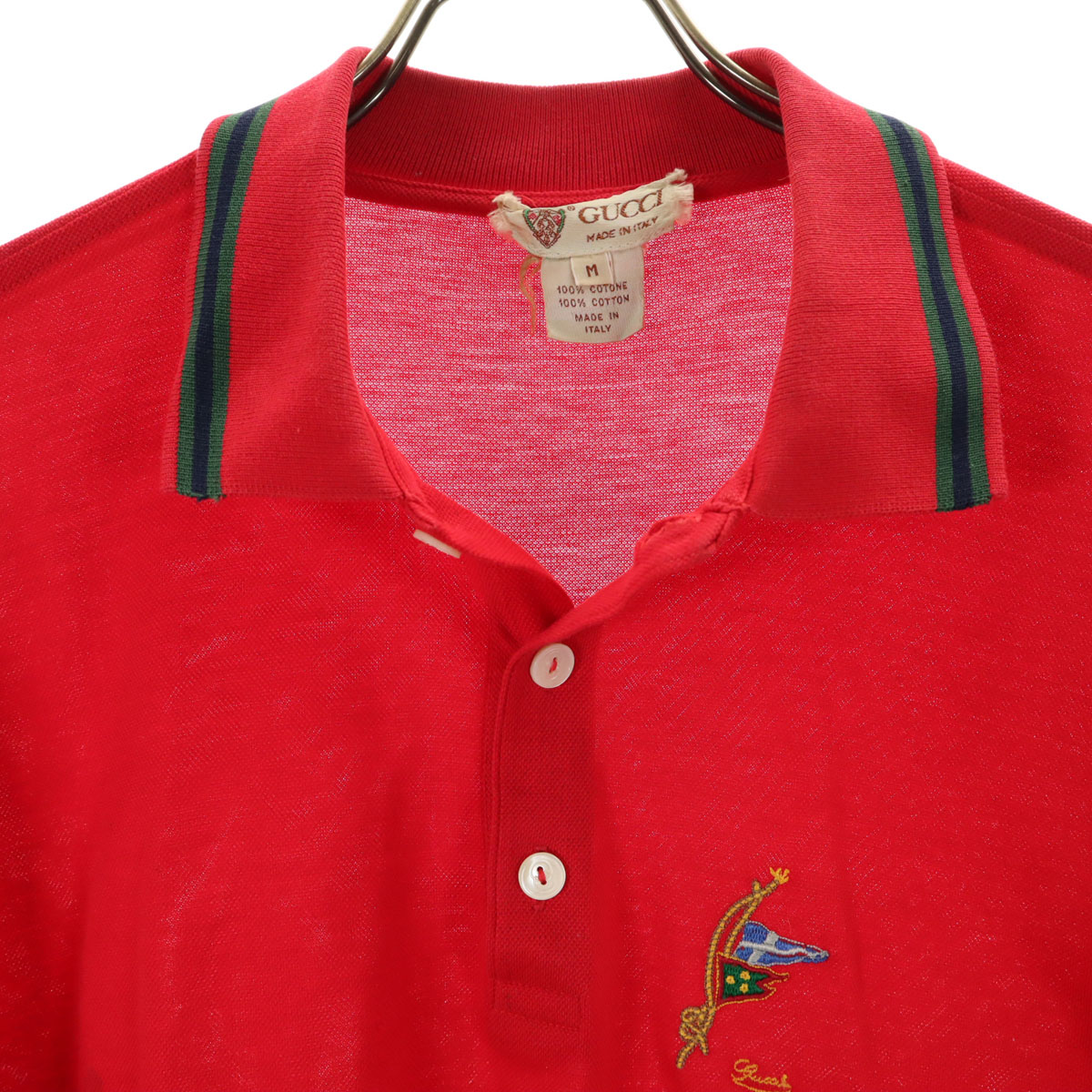 【極希少/美品】80s オールドグッチ オープンカラーポロシャツ 刺繍ロゴ 赤 Used GUCCI 80s Made in Italy Vintage Short sleeve Polo shirt Men's