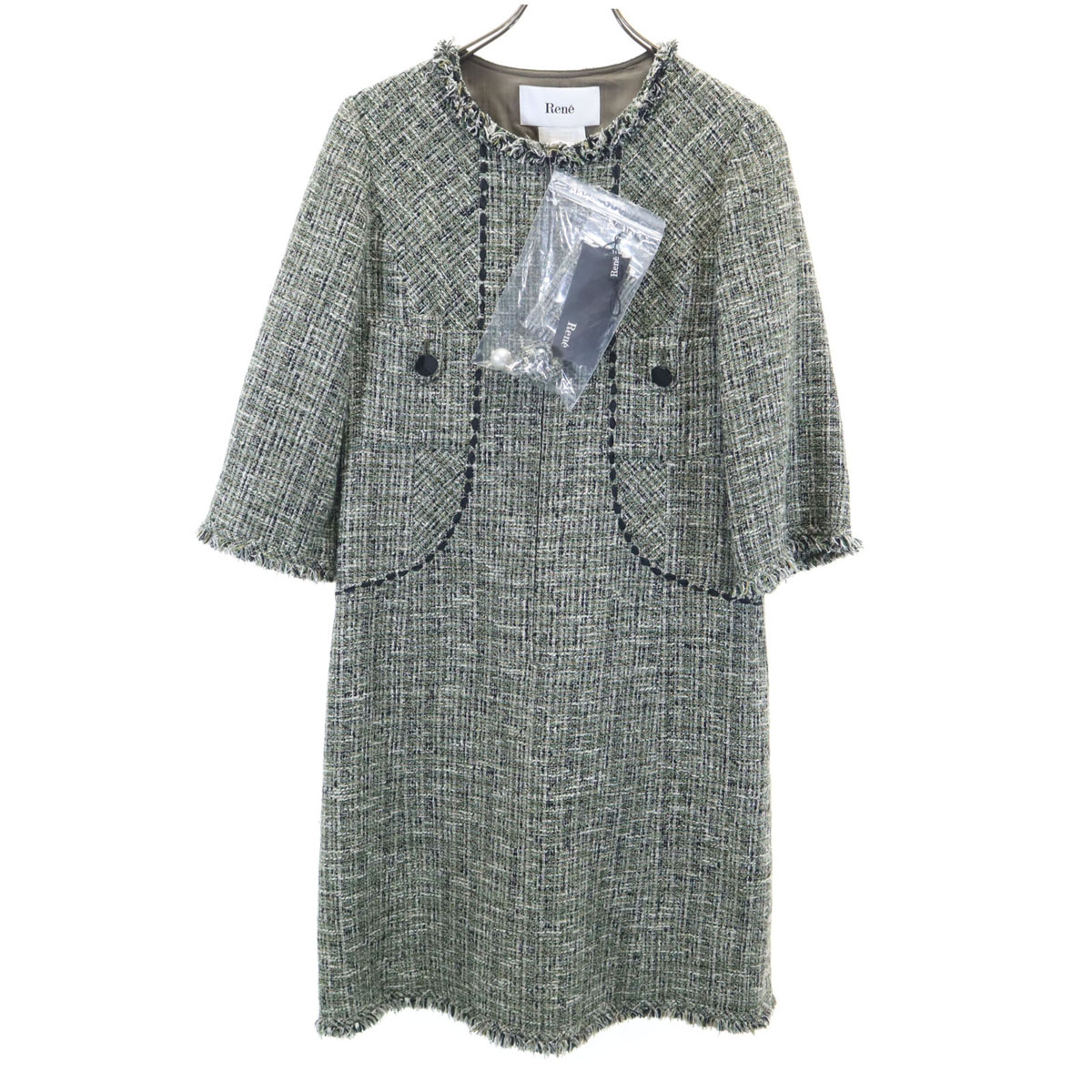 unused Rene made in Japan Short sleeve tweed one piece 36 green