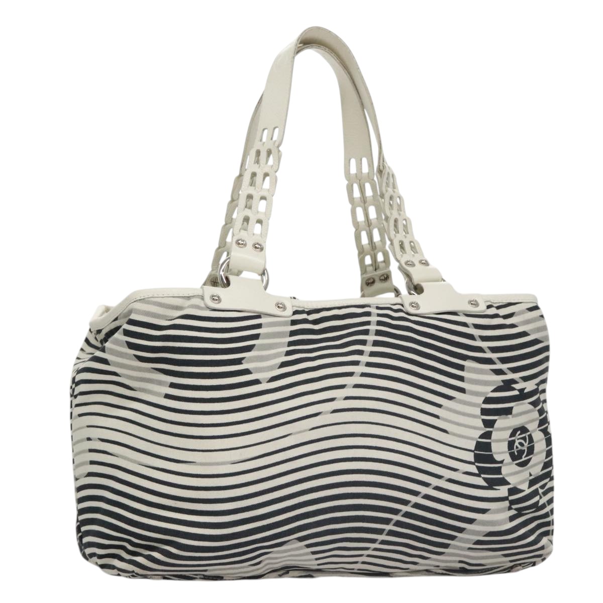 CHANEL Camelia Tote Bag Canvas White Black CC Auth 101996