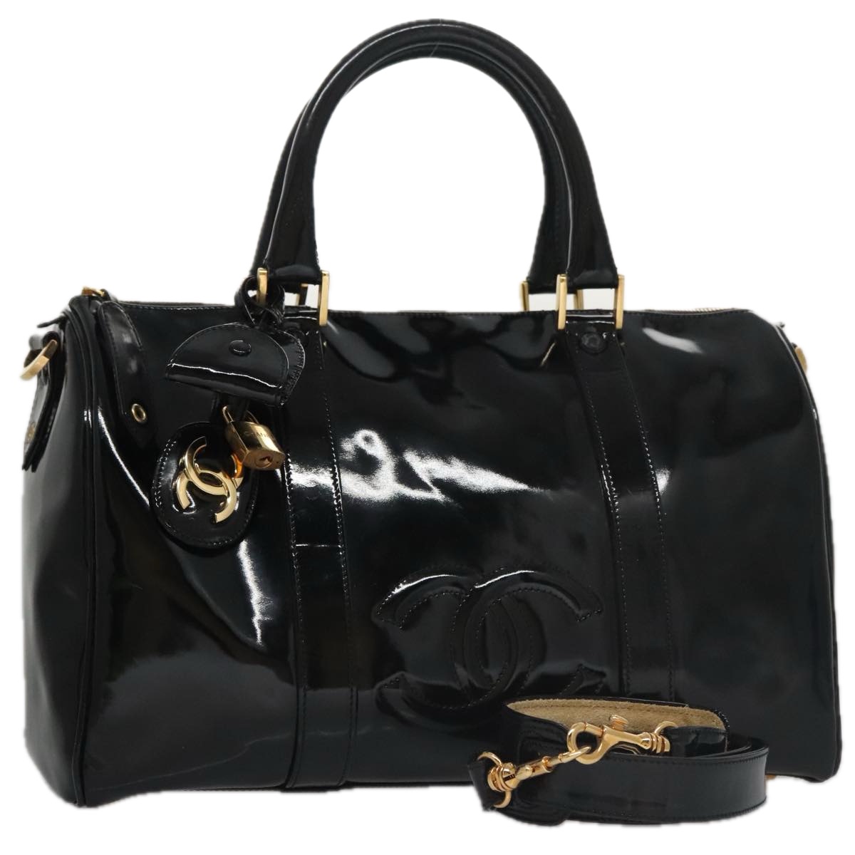 CHANEL Boston Bag Patent leather 2way Black Gold CC Auth 102998