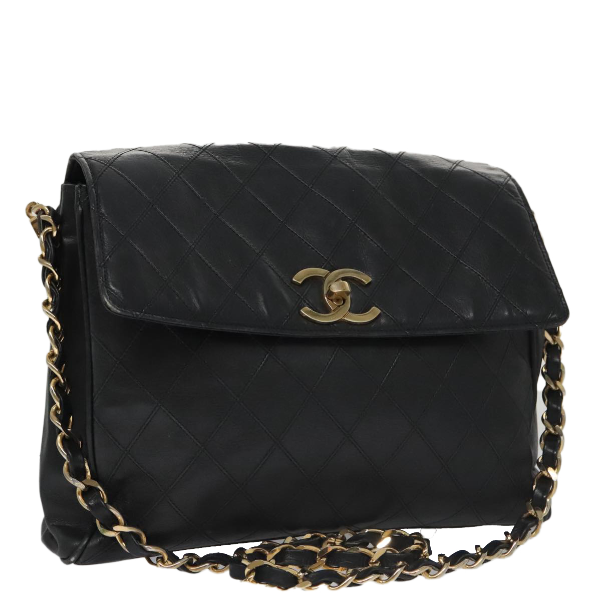 CHANEL Bicolore Chain Matelasse Shoulder Bag Lamb Skin Black Gold CC Auth 103228