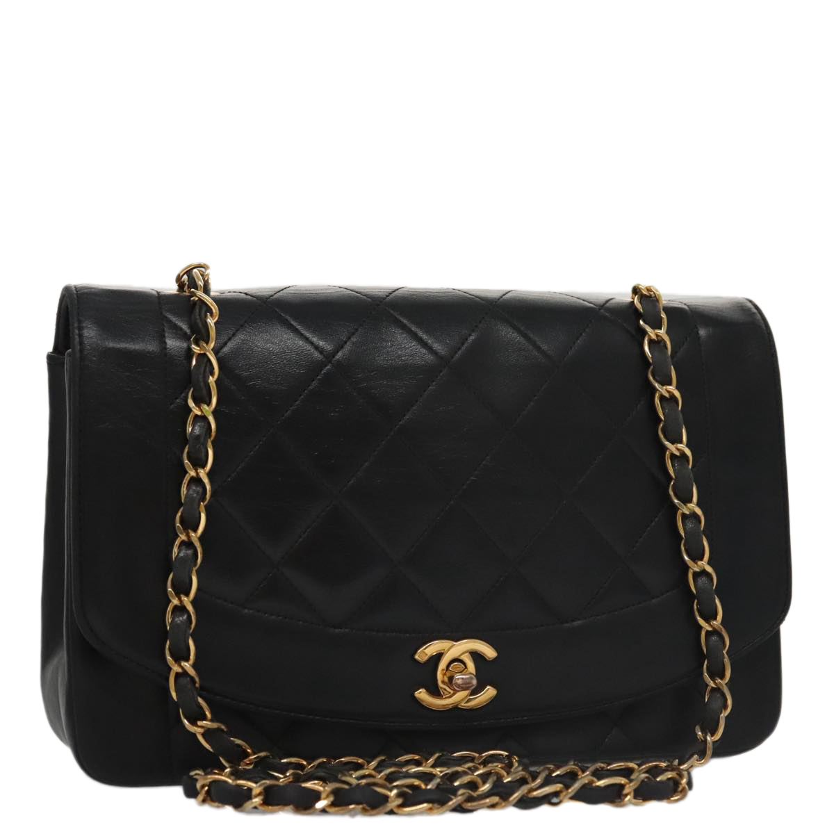 CHANEL Diana Matelasse Chain Shoulder Bag Lamb Skin Black Gold CC Auth 103229A