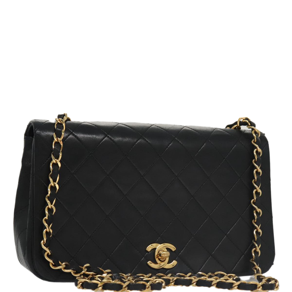 CHANEL Matelasse Chain Shoulder Bag Lamb Skin Black Gold CC Auth 103232