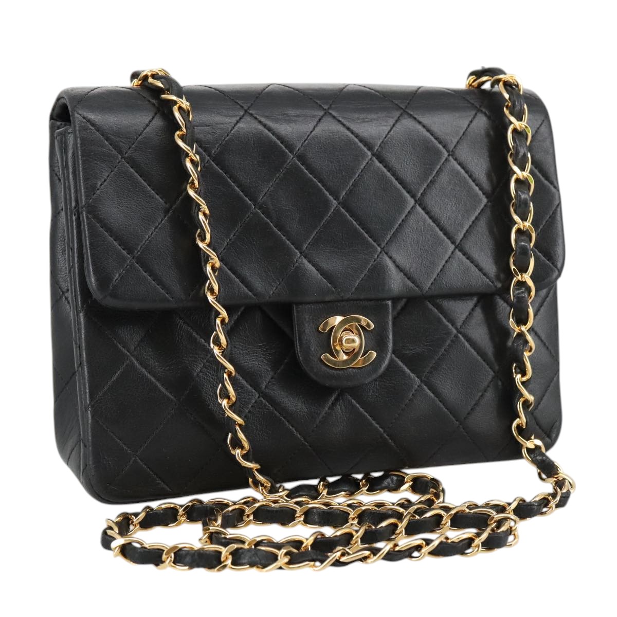 CHANEL Mini Matelasse Chain Shoulder Bag Lamb Skin Black Gold CC Auth 103354