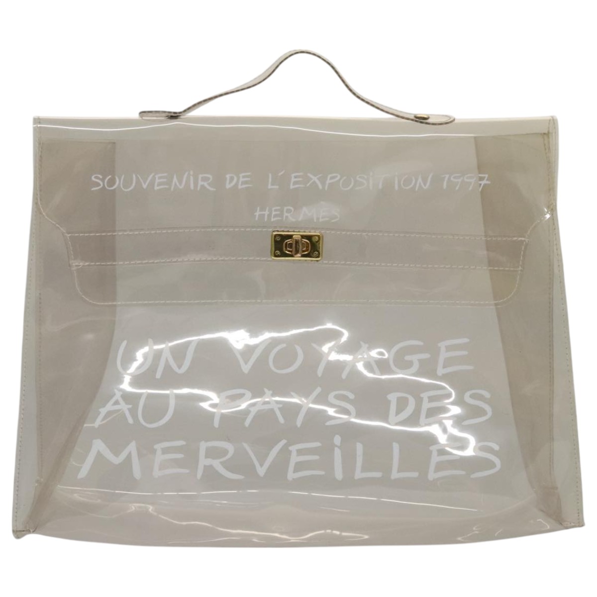 HERMES Vinyl Kelly Hand Bag Vinyl Clear Gold Auth 104506