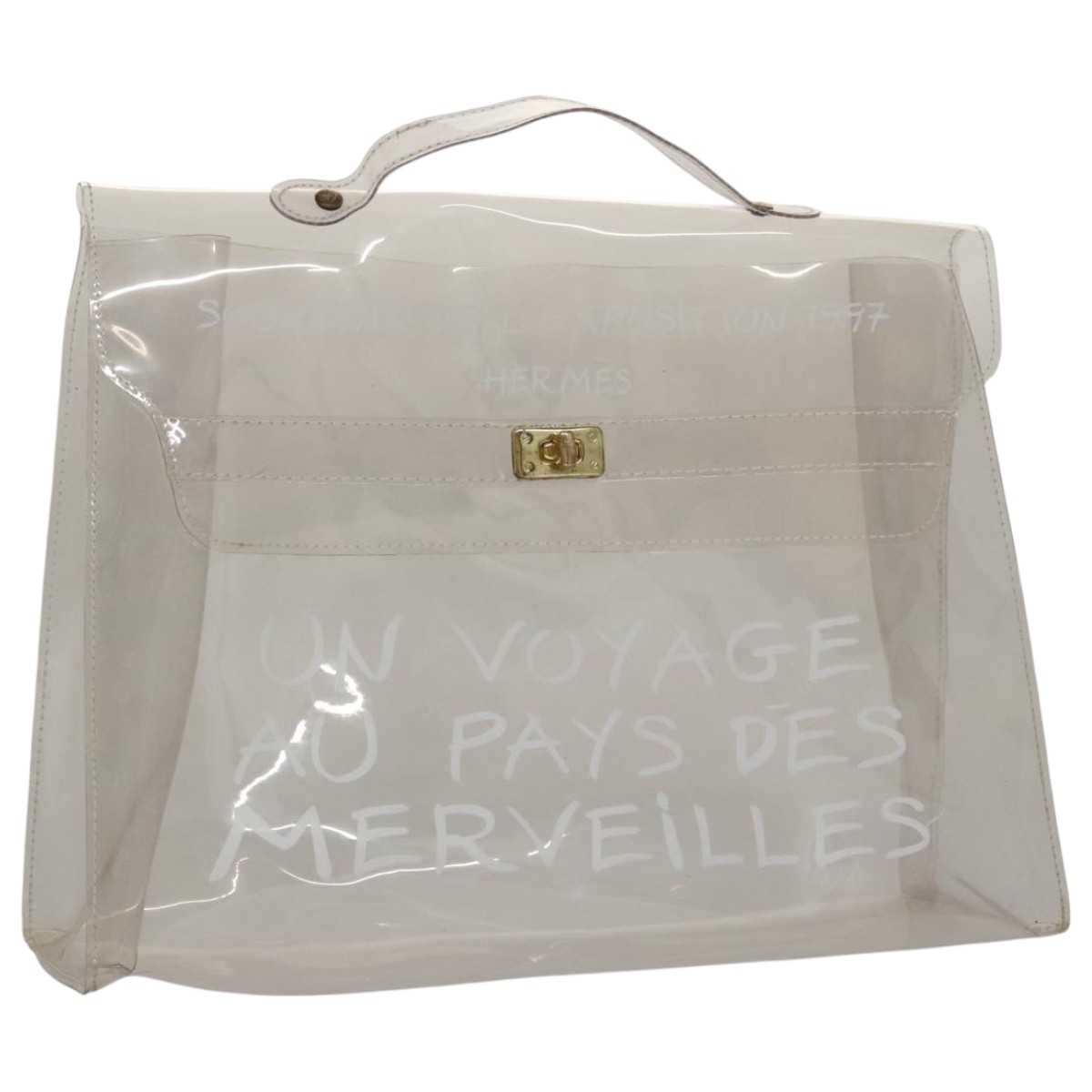 HERMES Vinyl Kelly Hand Bag Vinyl Clear Gold Auth 104509