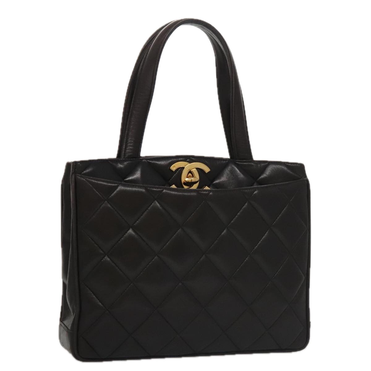 CHANEL Matelasse Tote Bag Lamb Skin Black CC Auth 104982