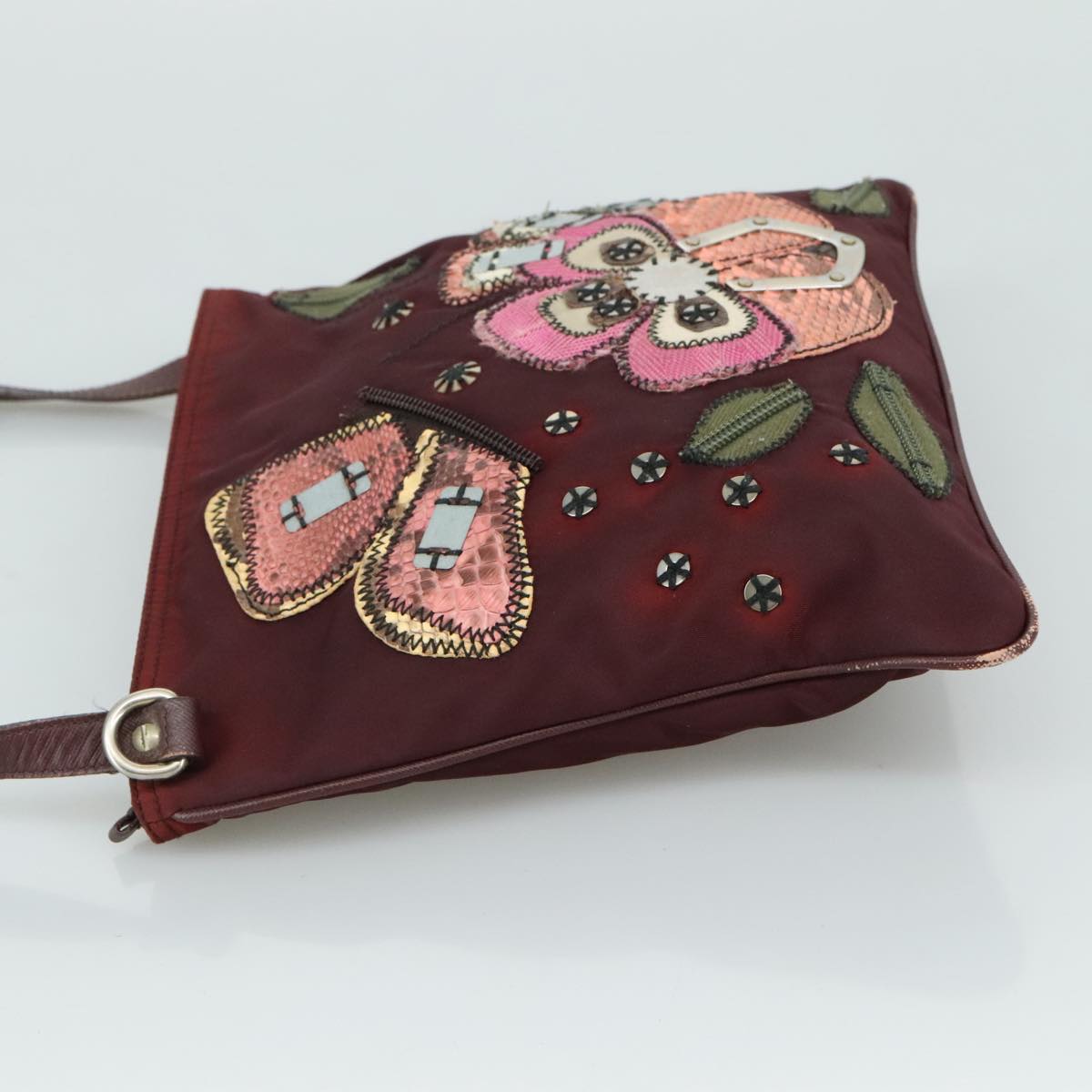 PRADA Flower Embroidery Shoulder Bag Nylon Purple Auth
