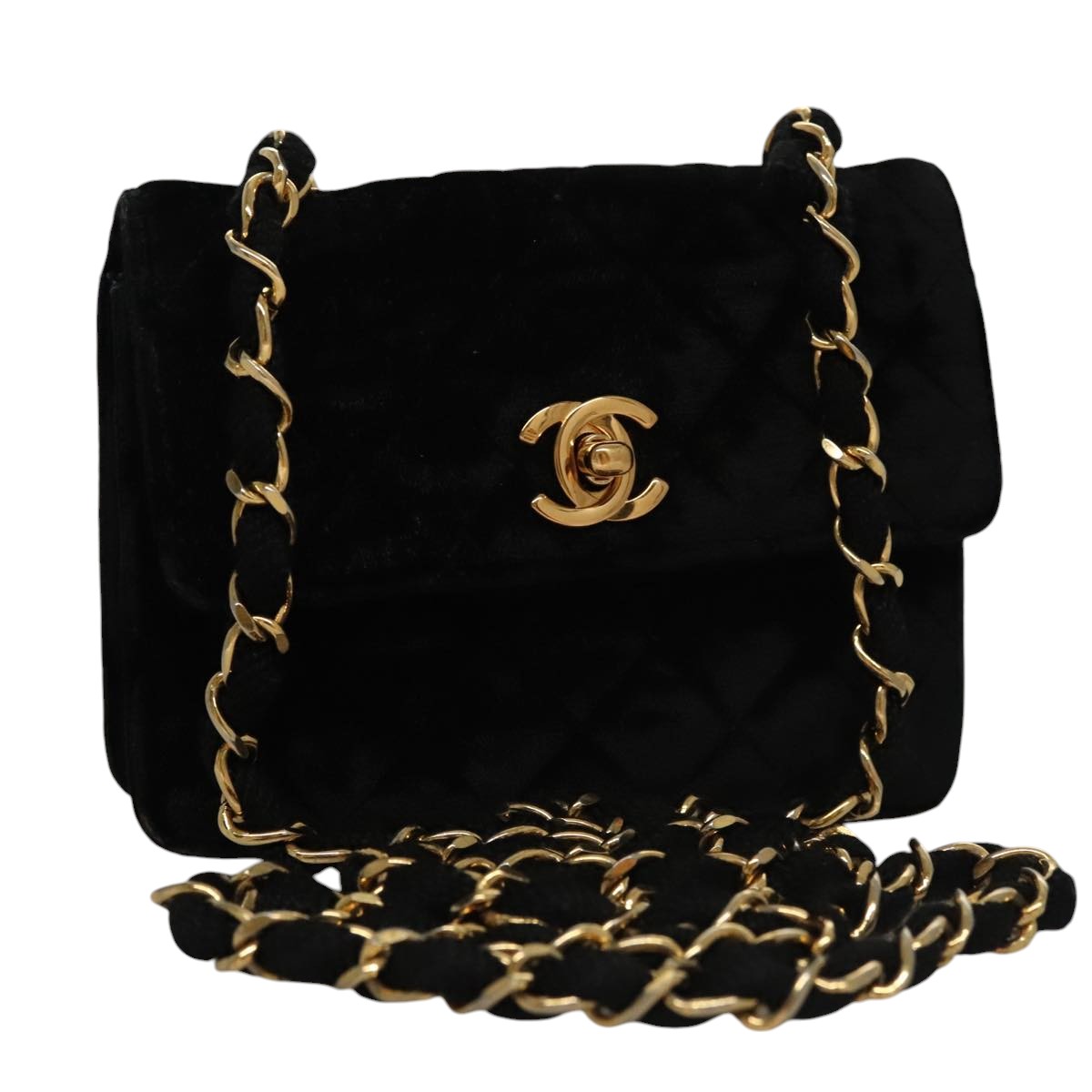 CHANEL Matelasse Chain Shoulder Bag Velor Black Gold CC Auth 105662