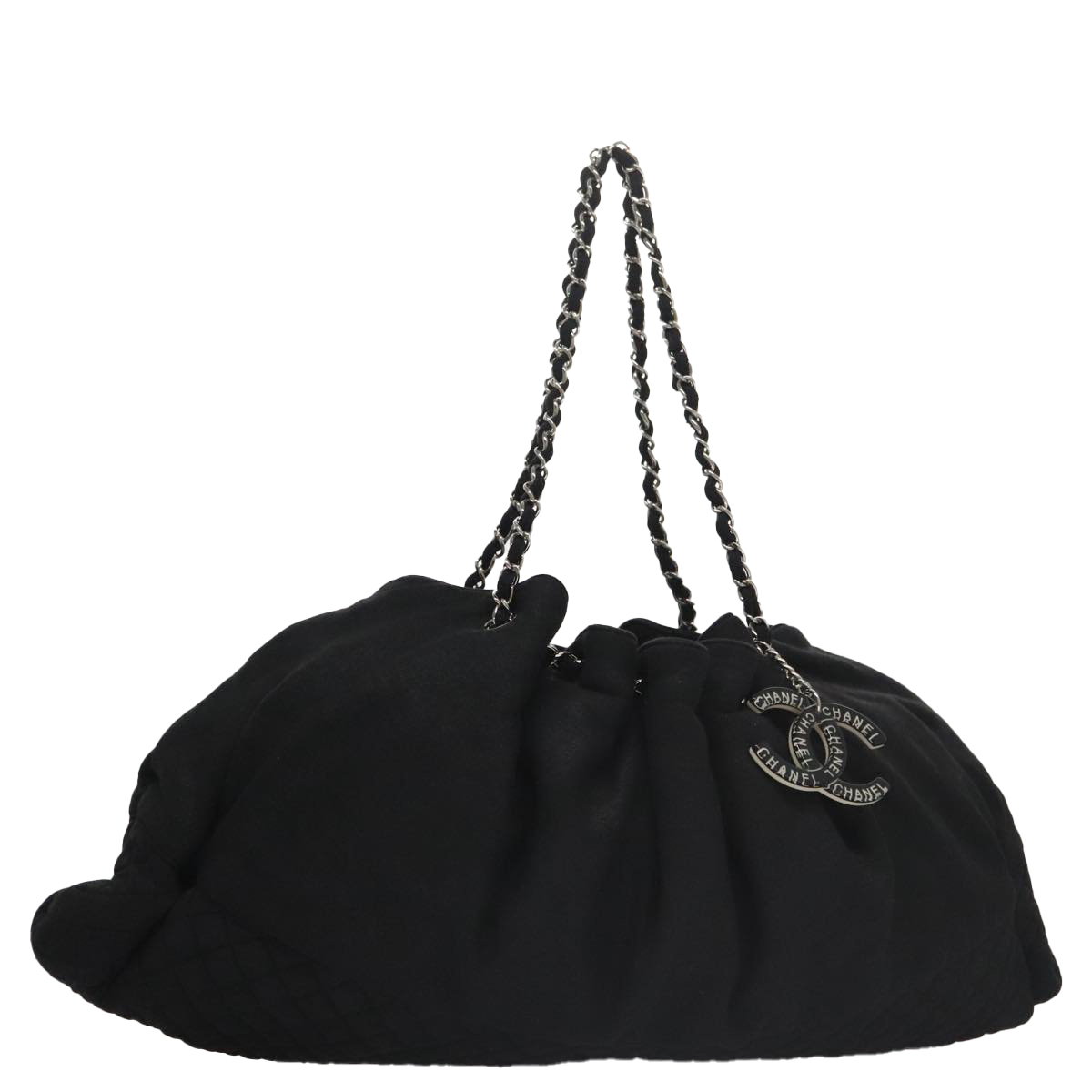 CHANEL Chain Tote Bag Cotton Black Silver CC Auth 106202