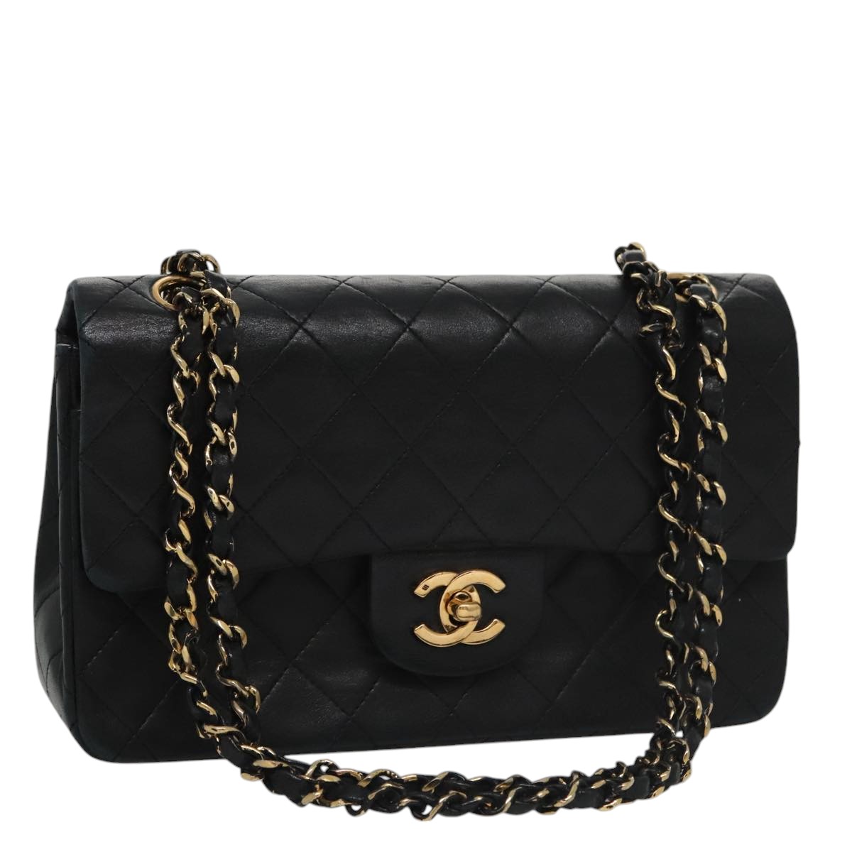 CHANEL Matelasse 23 Double Flap Double Chain Bag Lamb Skin Black CC Auth 106415