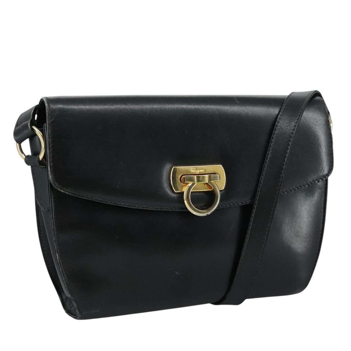 Salvatore Ferragamo Gancini Shoulder Bag Leather Black Auth