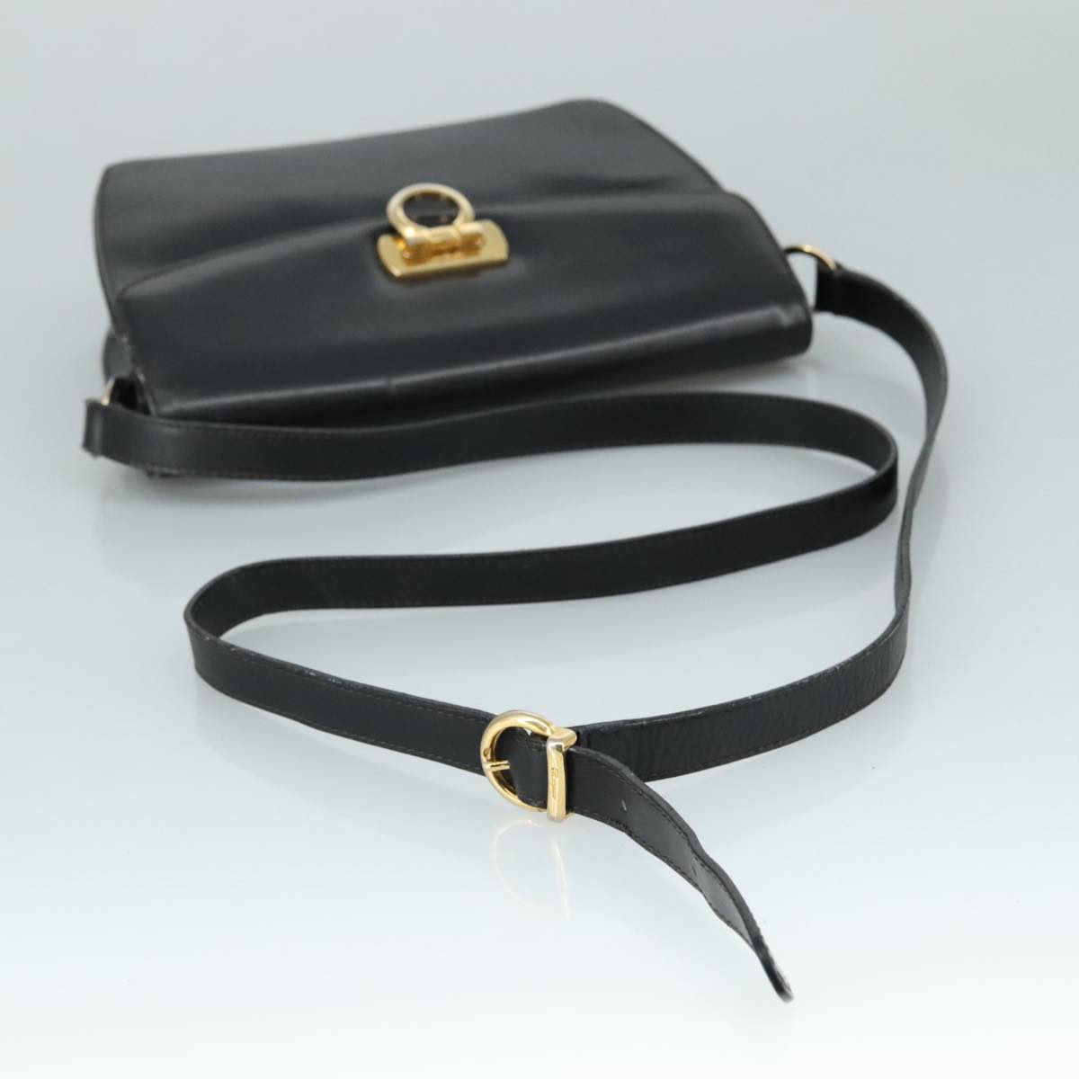 Salvatore Ferragamo Gancini Shoulder Bag Leather Black Auth