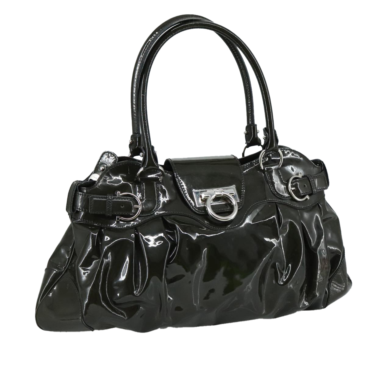 Salvatore Ferragamo Gancini Hand Bag Enamel Khaki Silver
