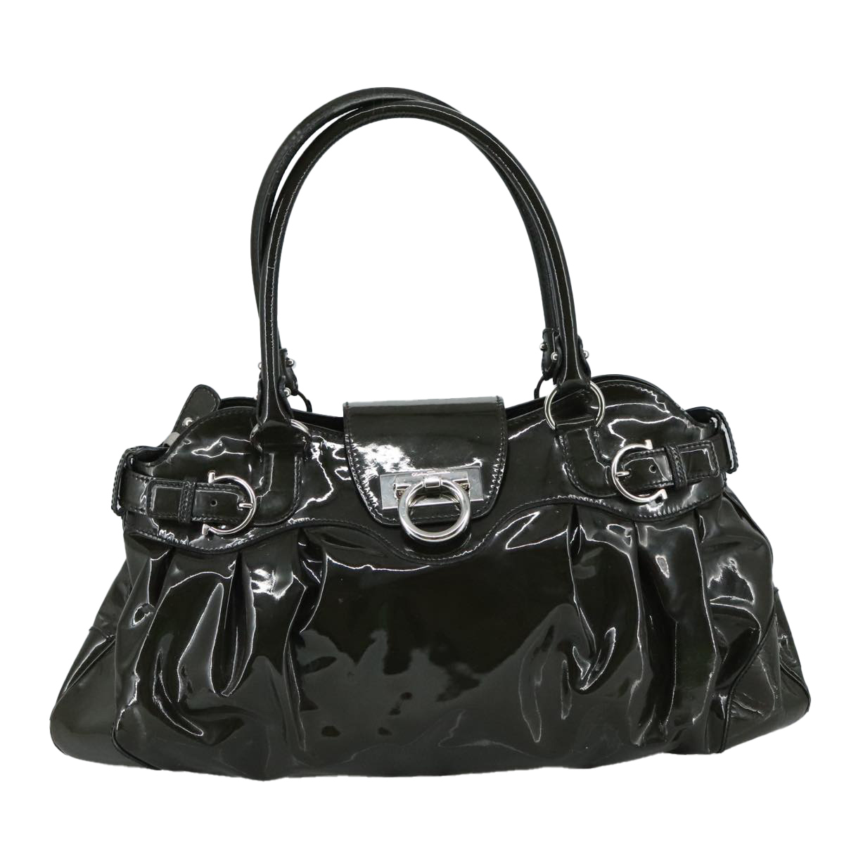 Salvatore Ferragamo Gancini Hand Bag Enamel Khaki Silver