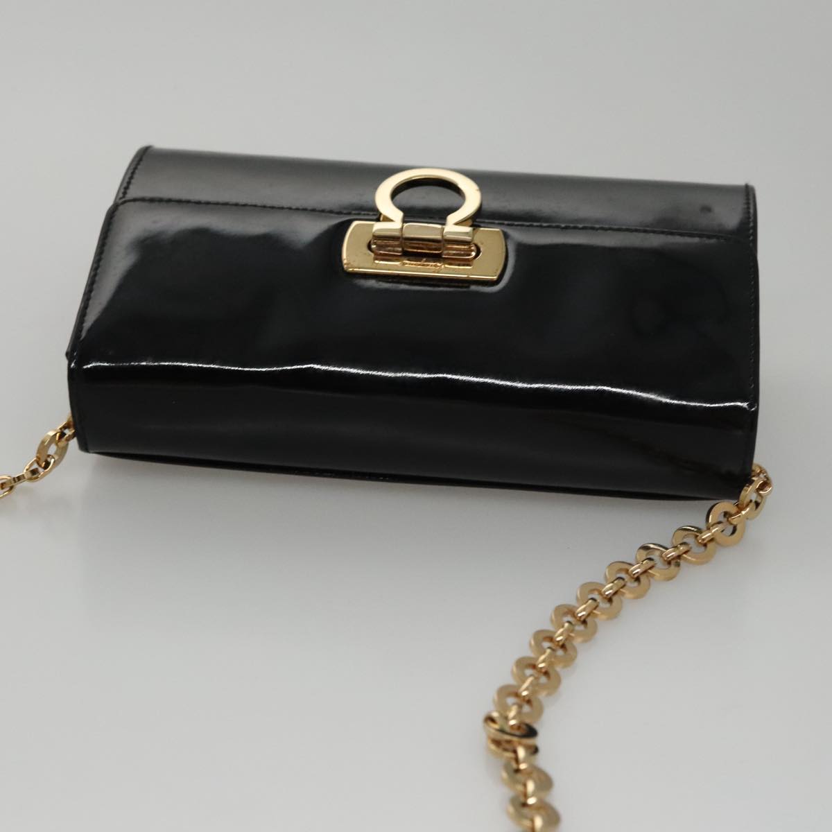 Salvatore Ferragamo Gancini Chain Shoulder Bag Enamel Black