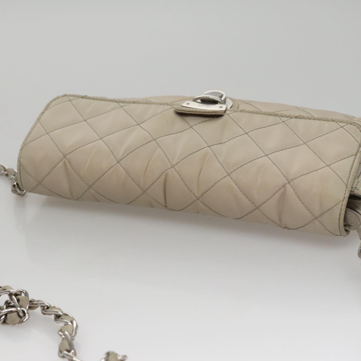 PRADA Quilted Chain Shoulder Bag Nylon Beige Silver Auth