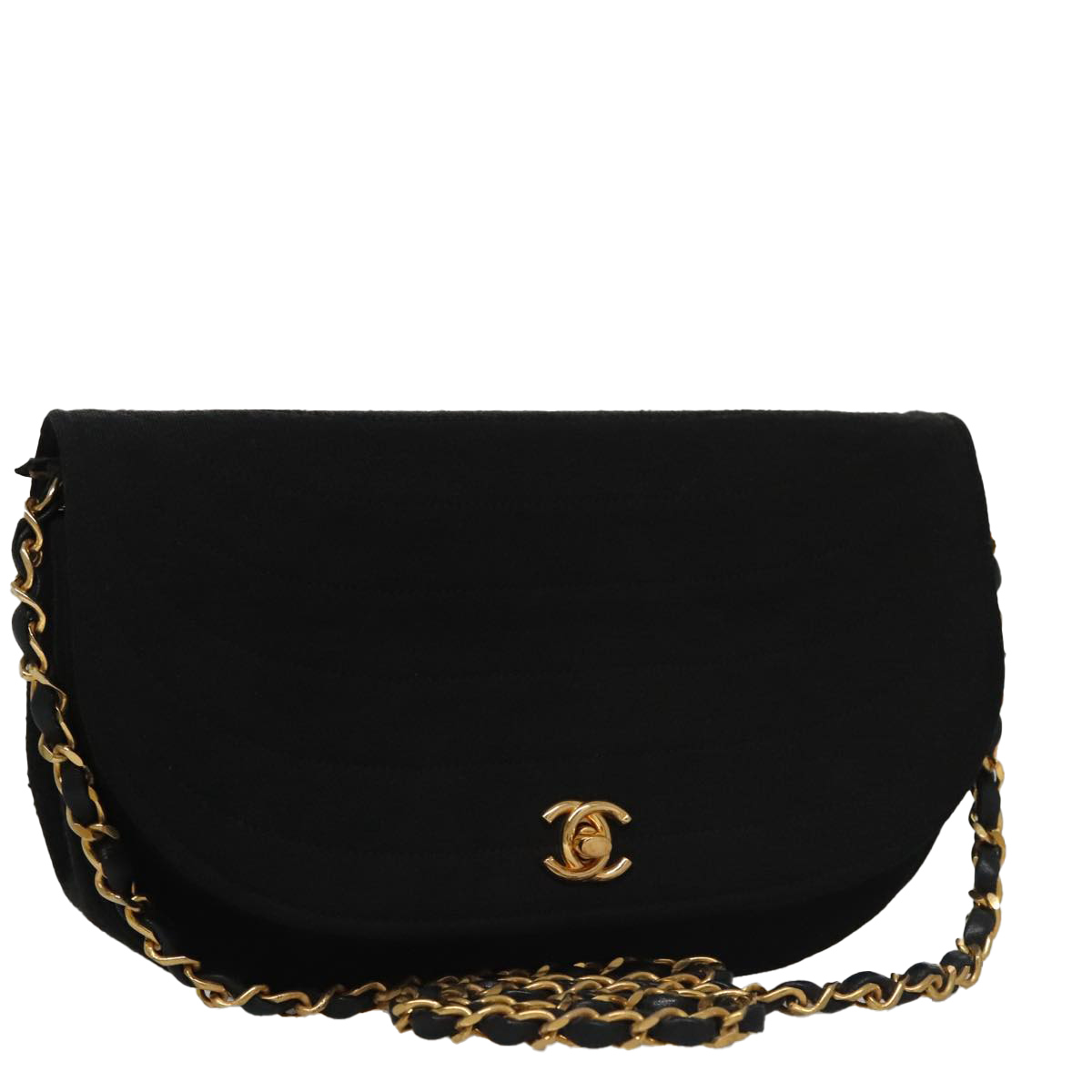 CHANEL Half Moon Chain Shoulder Bag Cotton Black Gold CC Auth 108608