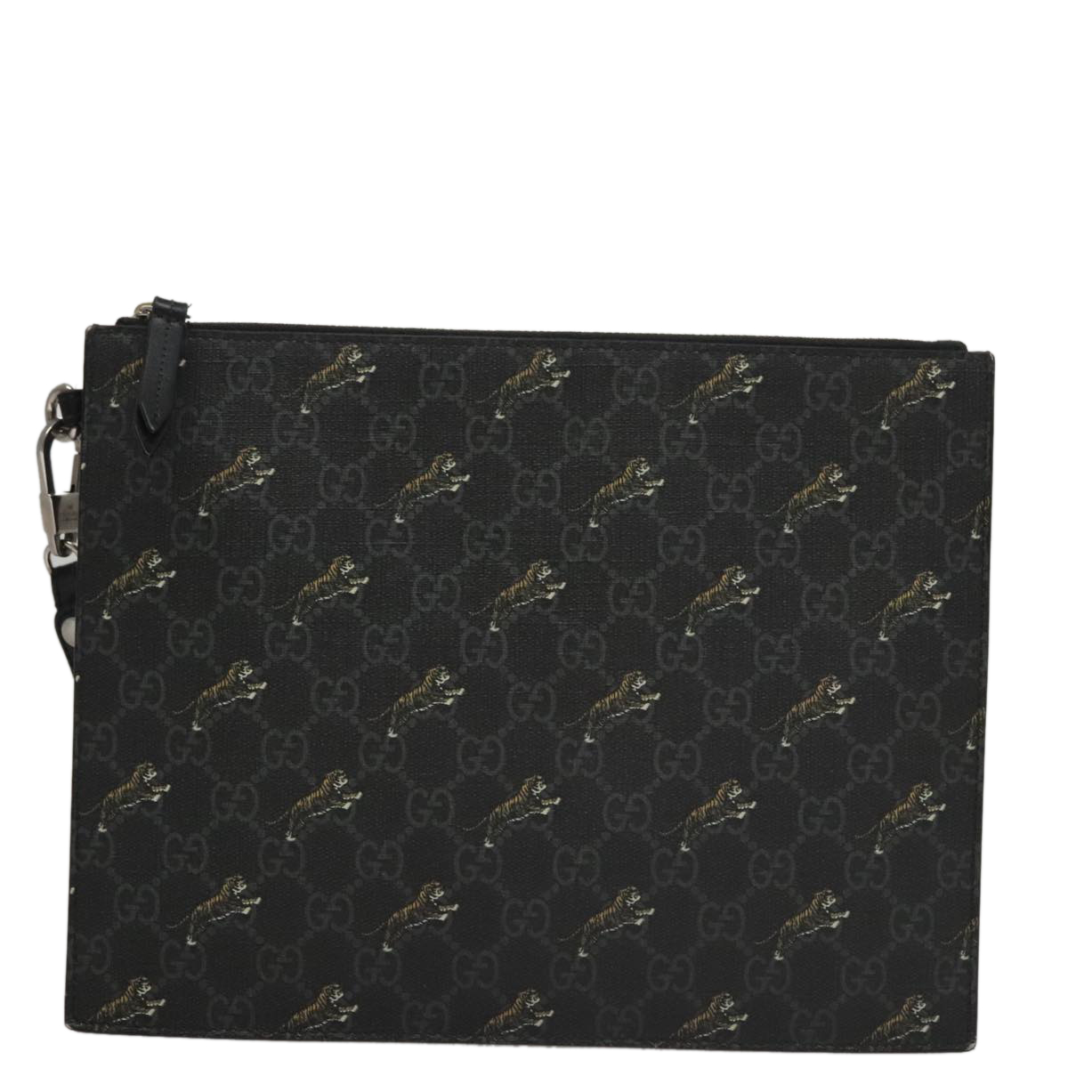GUCCI GG Supreme Tiger Print Clutch Bag PVC Black Silver