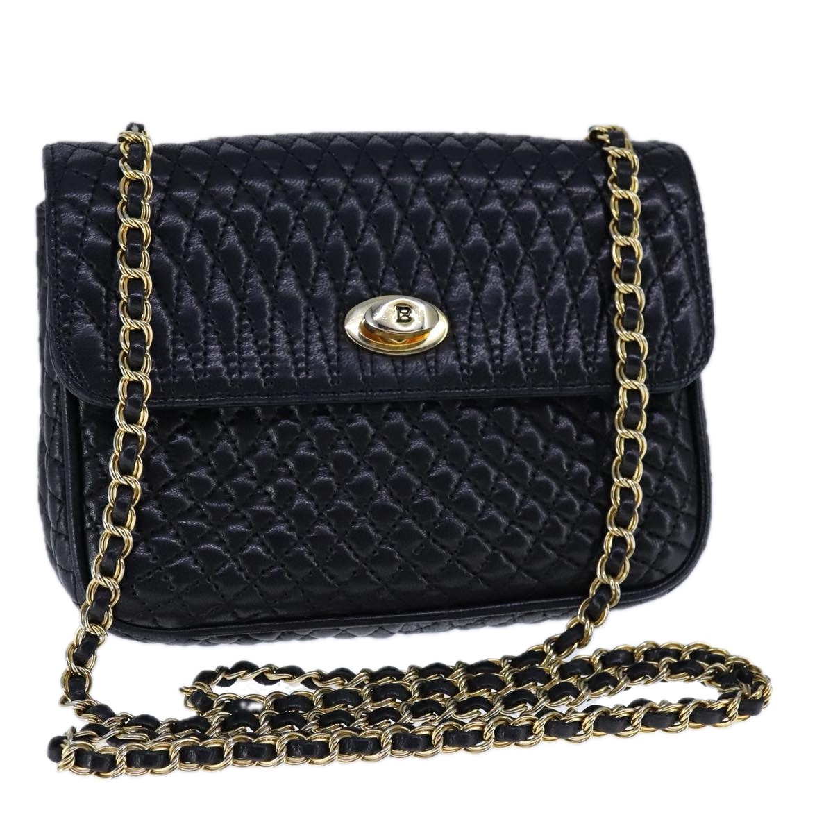 BALLY Chain Shoulder Bag Leather Black Gold Auth 109917 | eBay