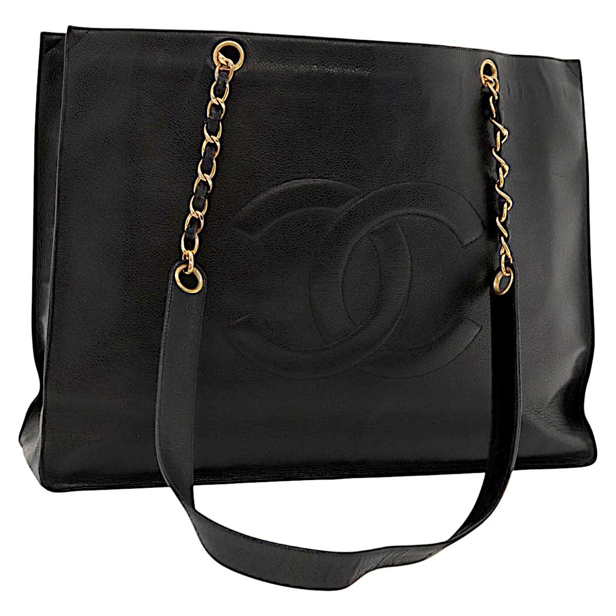 CHANEL COCO Mark Chain Tote Bag Grained Calf Skin Black CC Auth