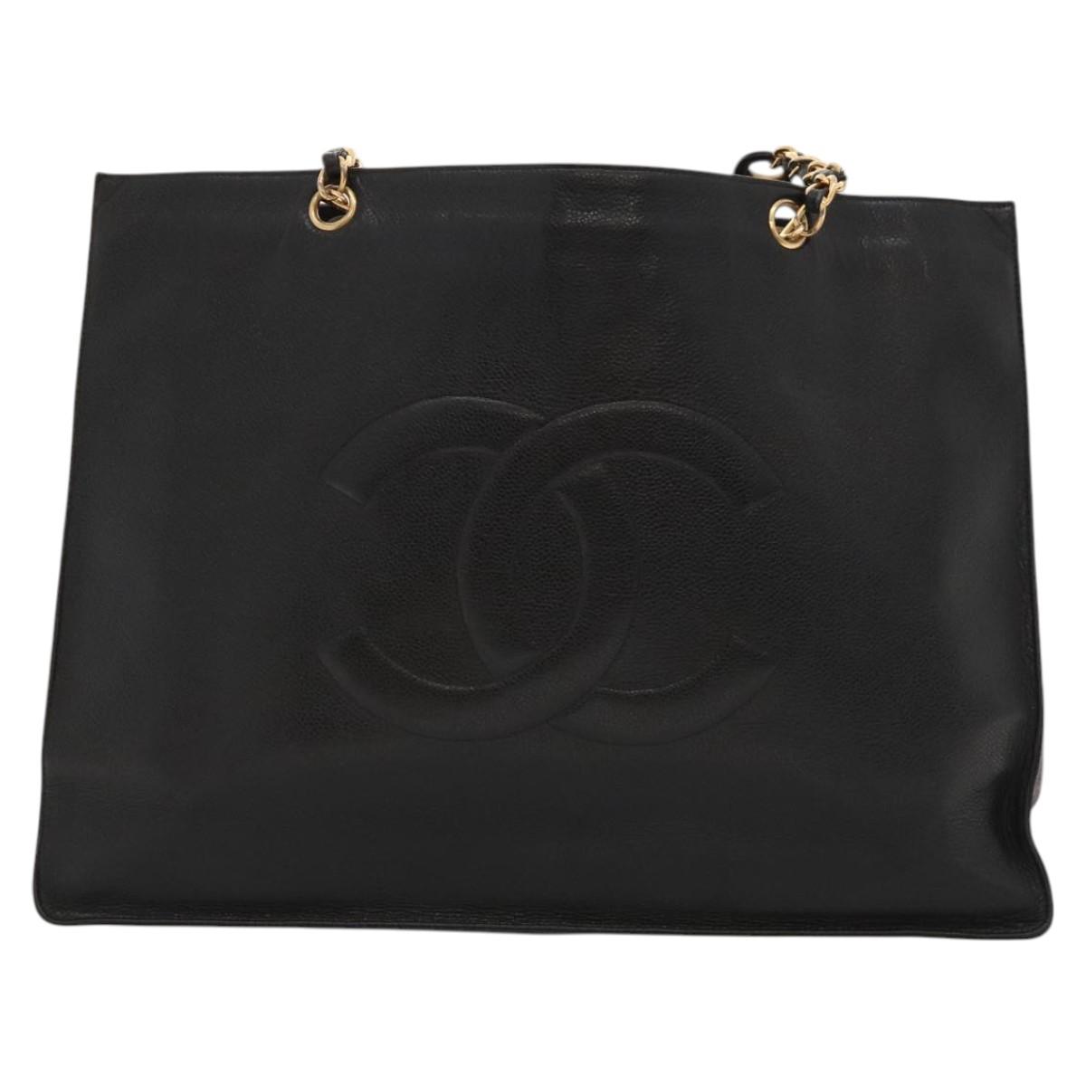 CHANEL COCO Mark Chain Tote Bag Grained Calf Skin Black CC Auth