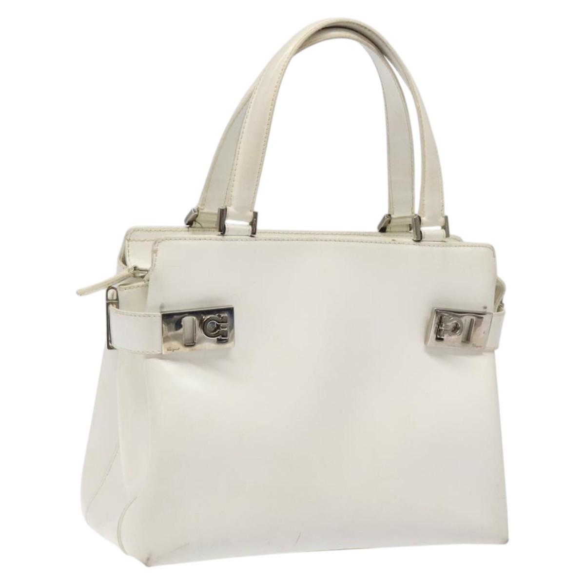 Salvatore Ferragamo Gancini Hand Bag Leather White Silver