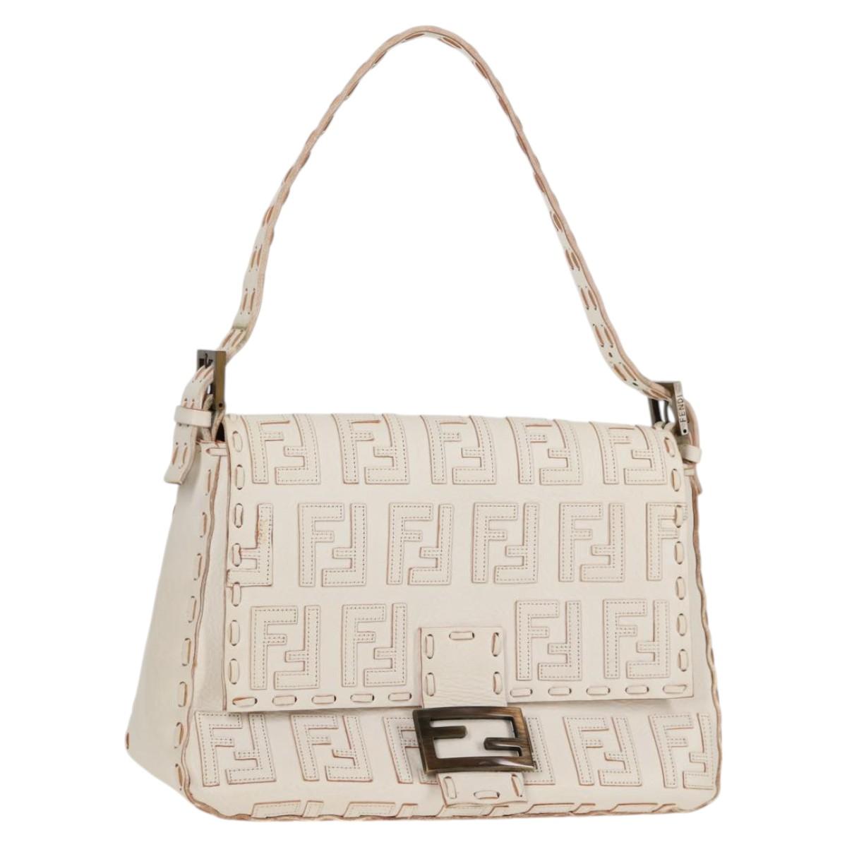 FENDI Zucca Canvas Mamma Baguette Shoulder Bag White Auth