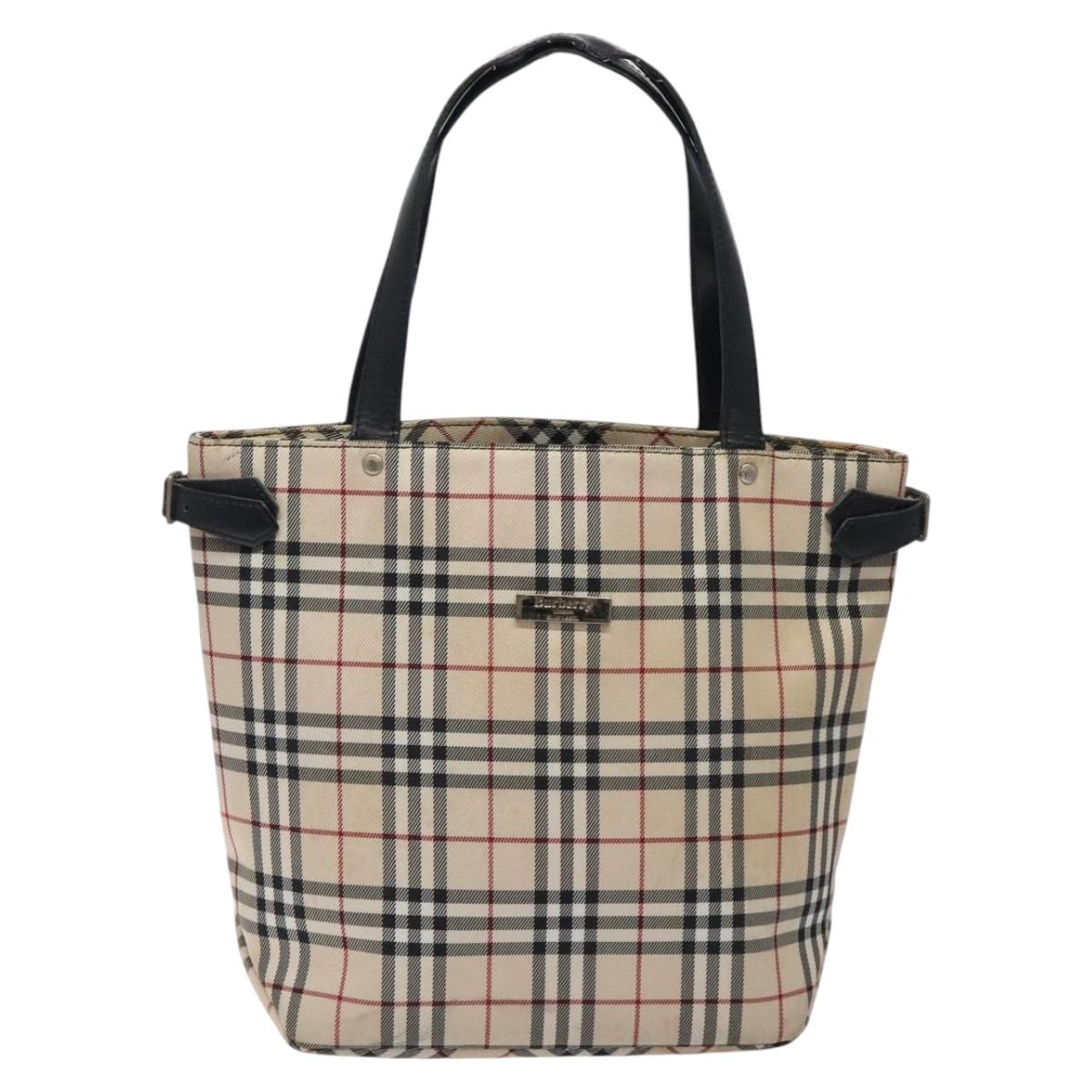 BURBERRY Nova Check Blue Label Tote Bag Canvas Beige Silver Auth