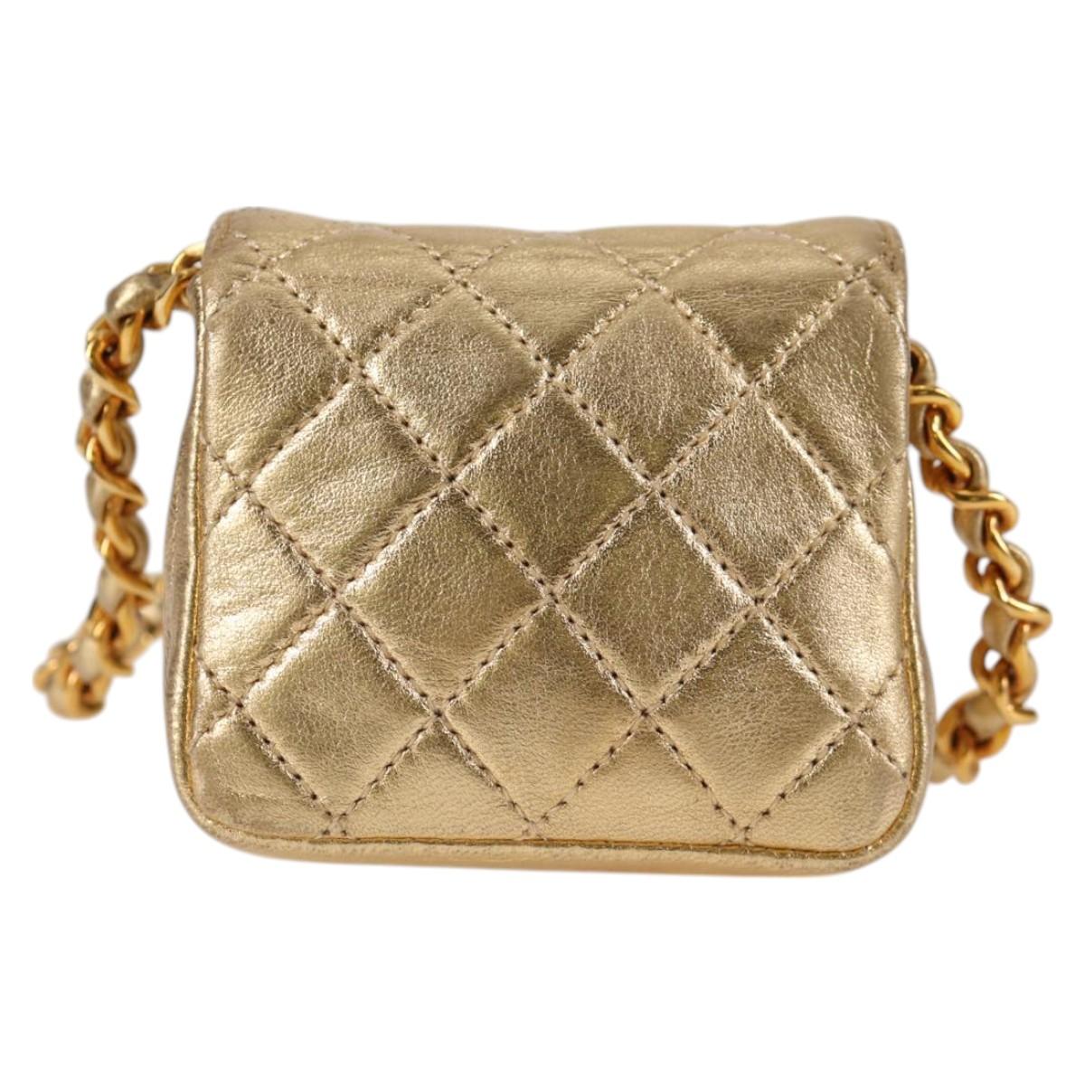 CHANEL Mini Mini Matelasse Chain Bag Lamb Skin Gold Tone CC Auth
