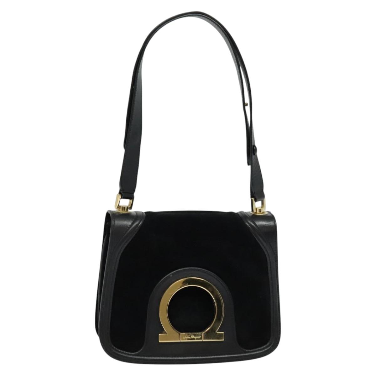 Salvatore Ferragamo Gancini Chain Shoulder Bag Suede Black