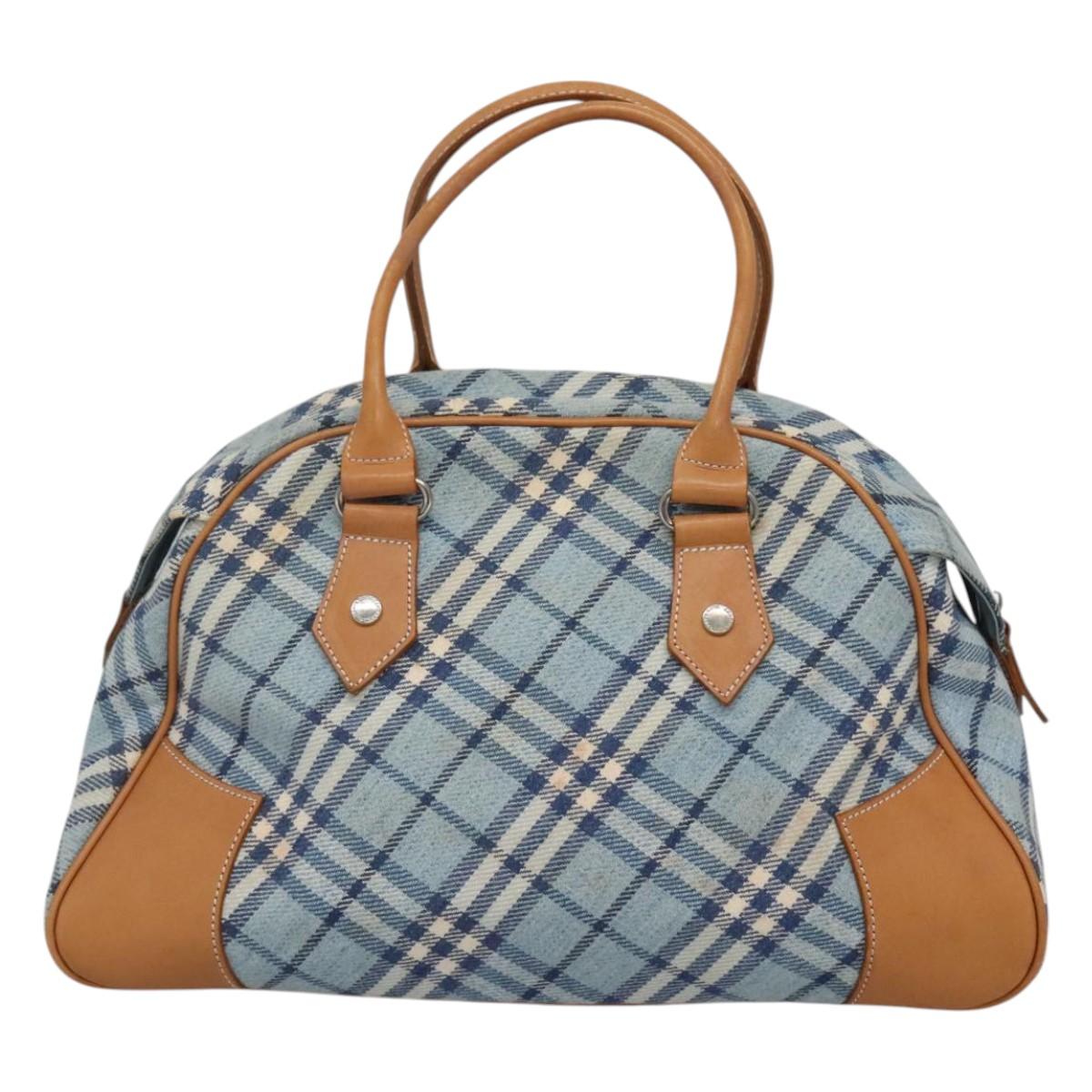 BURBERRY Nova Check Blue Label Hand Bag Wool Light Blue Silver
