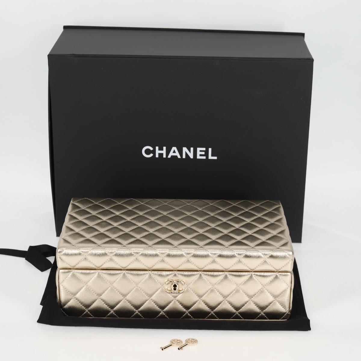 CHANEL Matelasse Jewelry Case Jewelry Box Lamb Skin Gold CC Auth