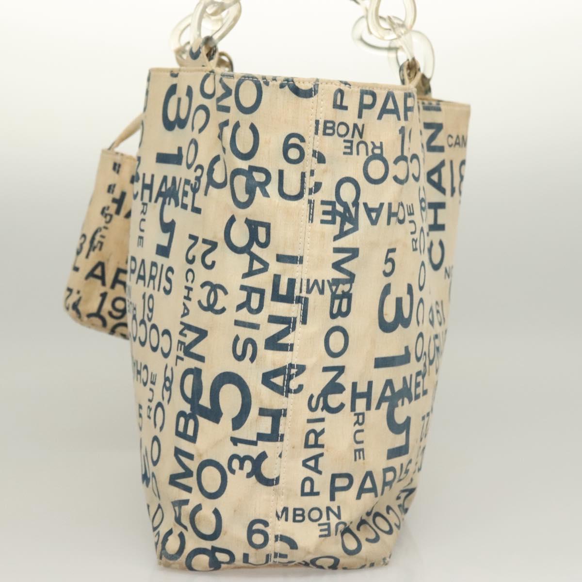 CHANEL Chain Bysy Line Tote Bag Canvas Plastic White clear CC Auth