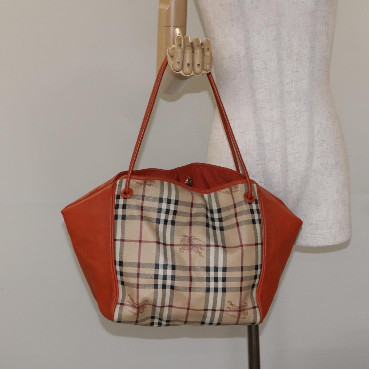 現行 BURBERRY チェック トートバッグ オレンジ　ＰＶＣ　ポーチ付き BURBERRY Nova Check Tote Bag PVC Leather Beige Orange gold Auth