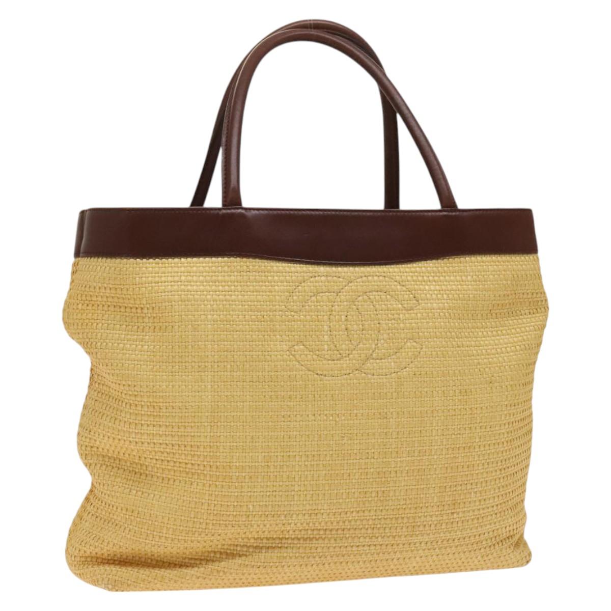 CHANEL Tote Bag Raffia Leather Beige Brown gold CC Auth 131352 | eBay