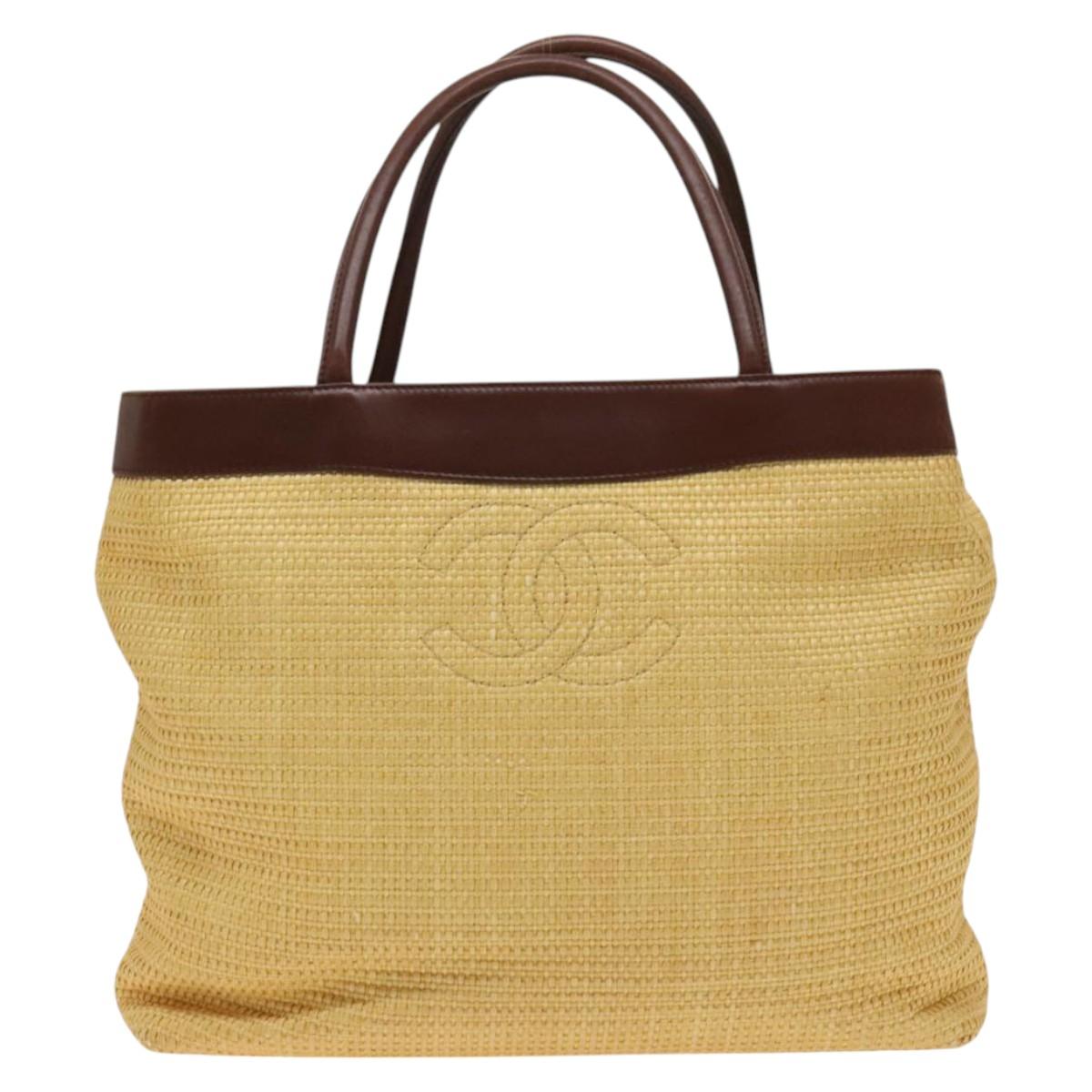 CHANEL Tote Bag Raffia Leather Beige Brown gold CC Auth 131352 | eBay