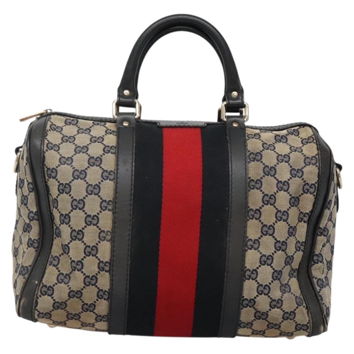 GUCCI GG Canvas Sherry Line Hand Bag PVC Navy Gold 247205 Auth
