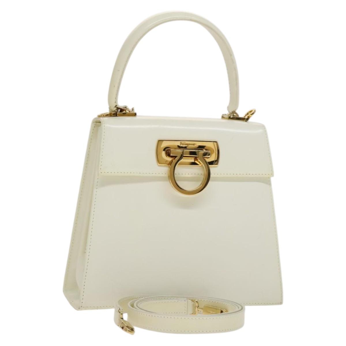 Salvatore Ferragamo Gancini Hand Bag Leather 2way White Gold Auth