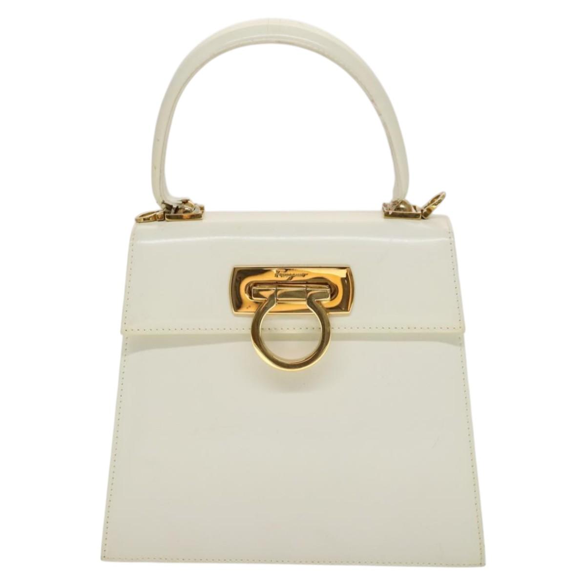 Salvatore Ferragamo Gancini Hand Bag Leather 2way White Gold Auth