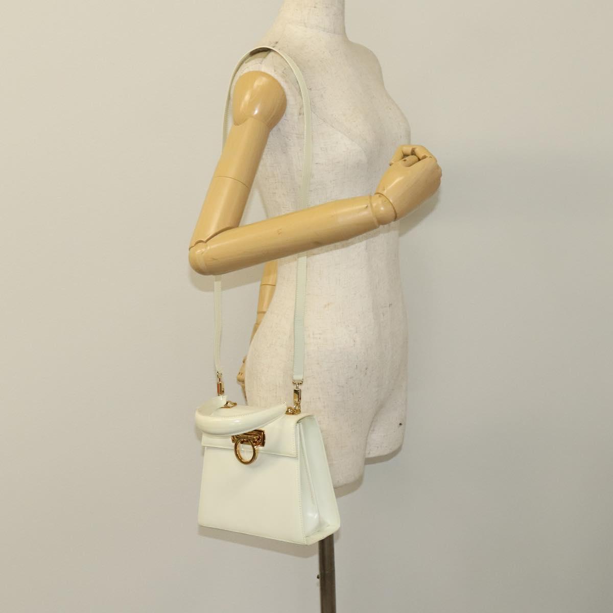 Salvatore Ferragamo Gancini Hand Bag Leather 2way White Gold Auth