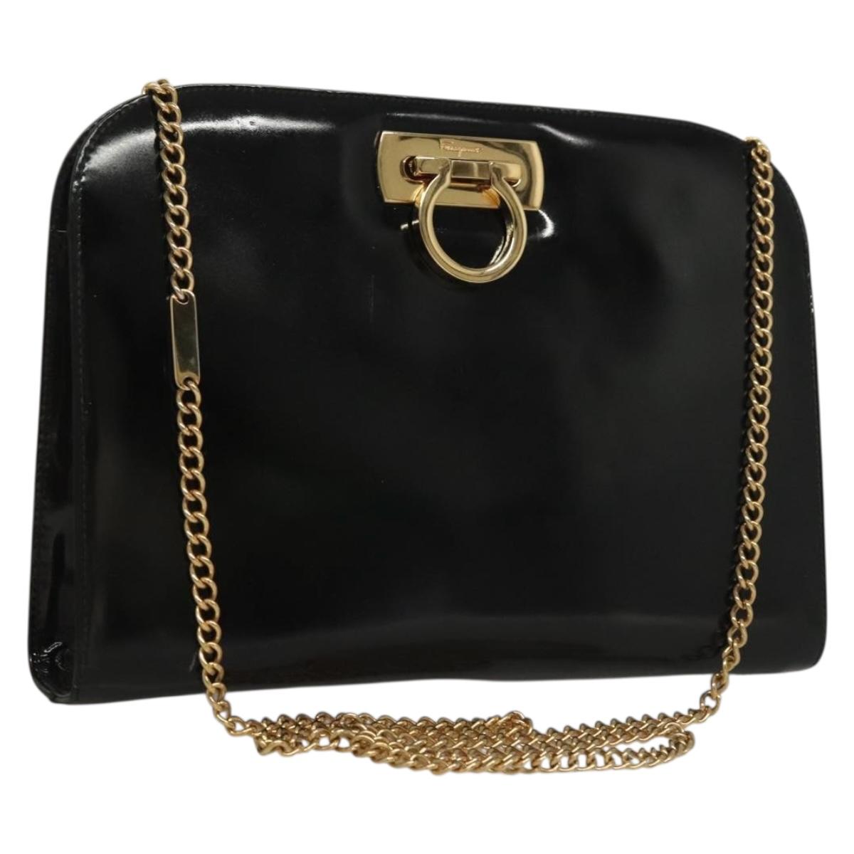 S Salvatore Ferragamo Gancini Chain Shoulder Bag Enamel Black Silver
