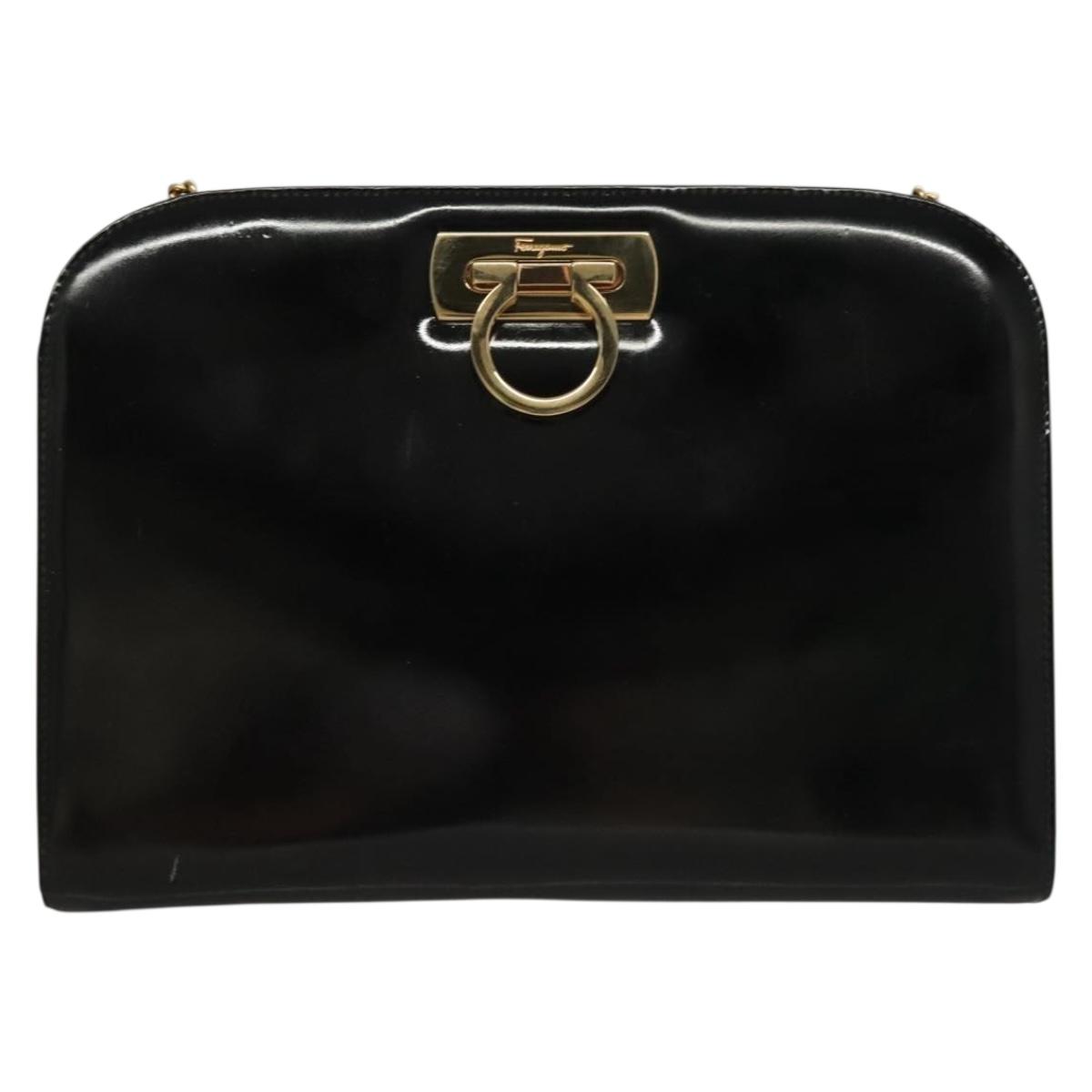 S Salvatore Ferragamo Gancini Chain Shoulder Bag Enamel Black Silver