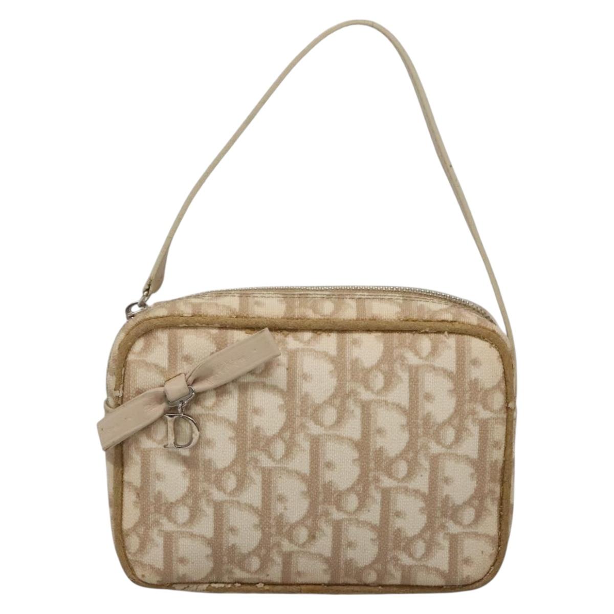 Christian Dior Trotter Canvas Romantic Pouch PVC Beige Silver Auth