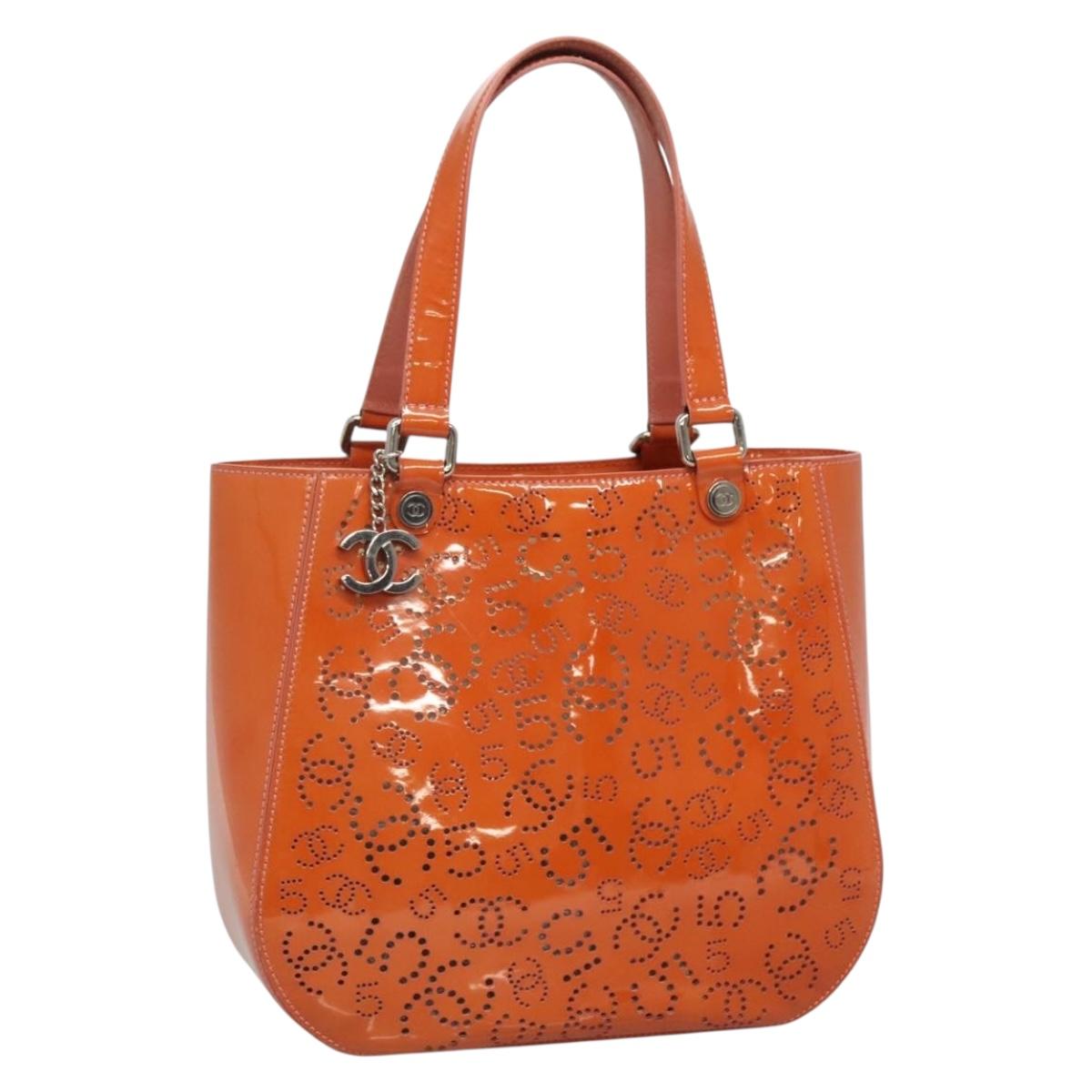 CHANEL Punching Tote Bag Enamel Orange Silver CC Auth 138790 | eBay
