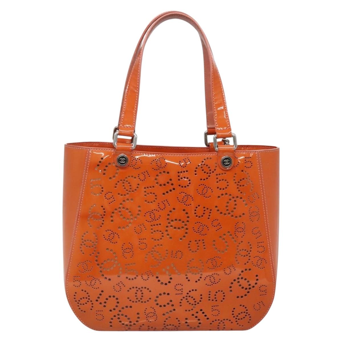 CHANEL Punching Tote Bag Enamel Orange Silver CC Auth 138790 | eBay