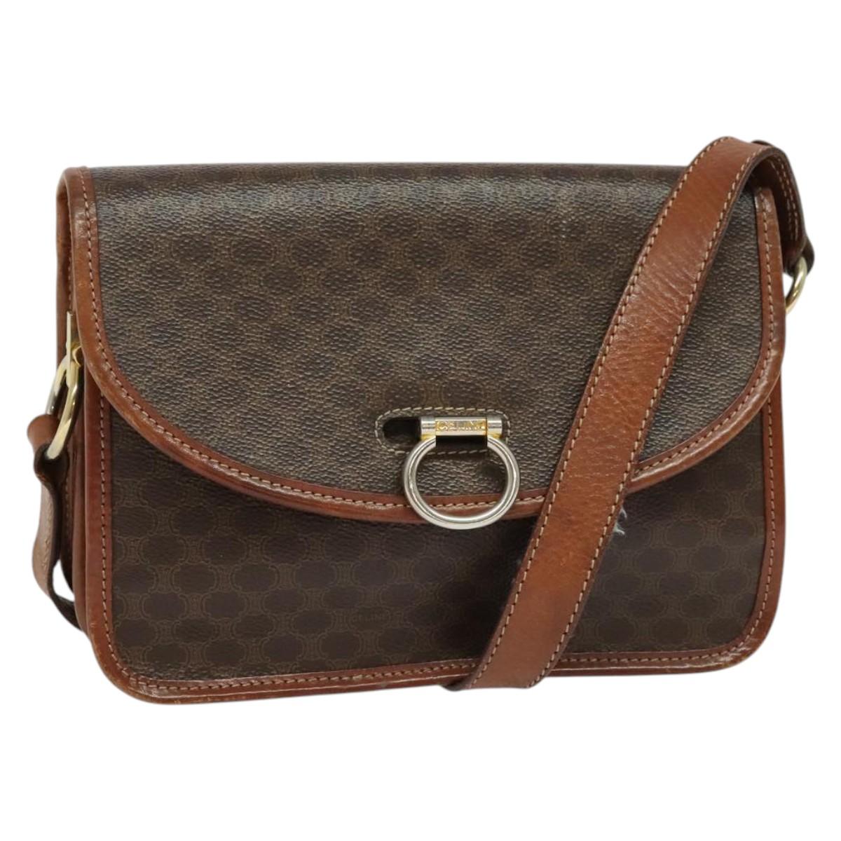 CELINE Macadam Canvas Shoulder Bag PVC Leather Brown Gold Auth
