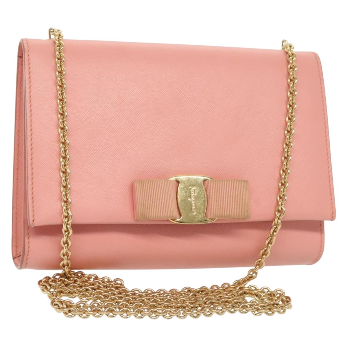 Salvatore Ferragamo Chain Vala Shoulder Bag Leather Pink Gold Auth